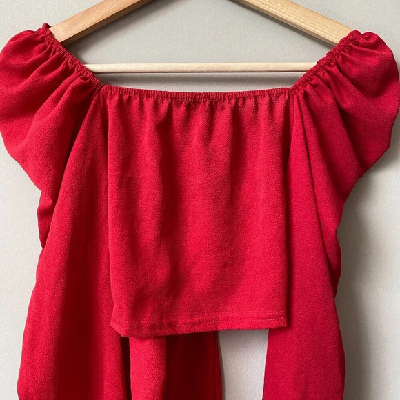 PrettyLittleThing Women's Size 2 Puff Long Sleeve Tie Bow Crop Top Blouse Red - Picture 12 of 16